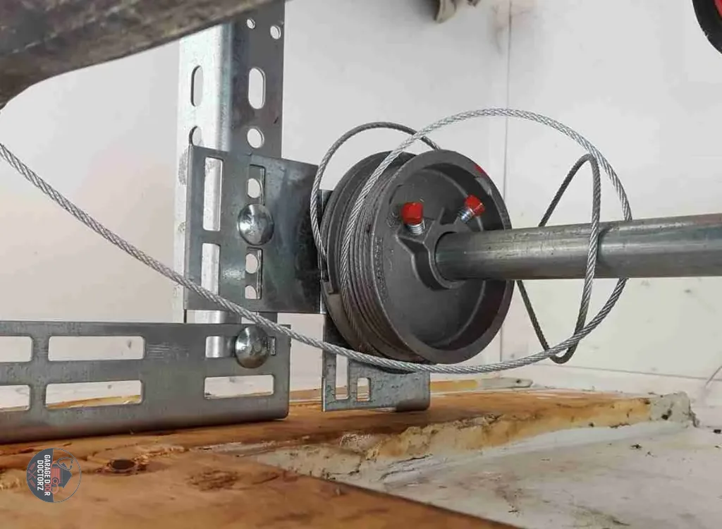 A cable that has jumped its drum — the door will hang crooked and bind.