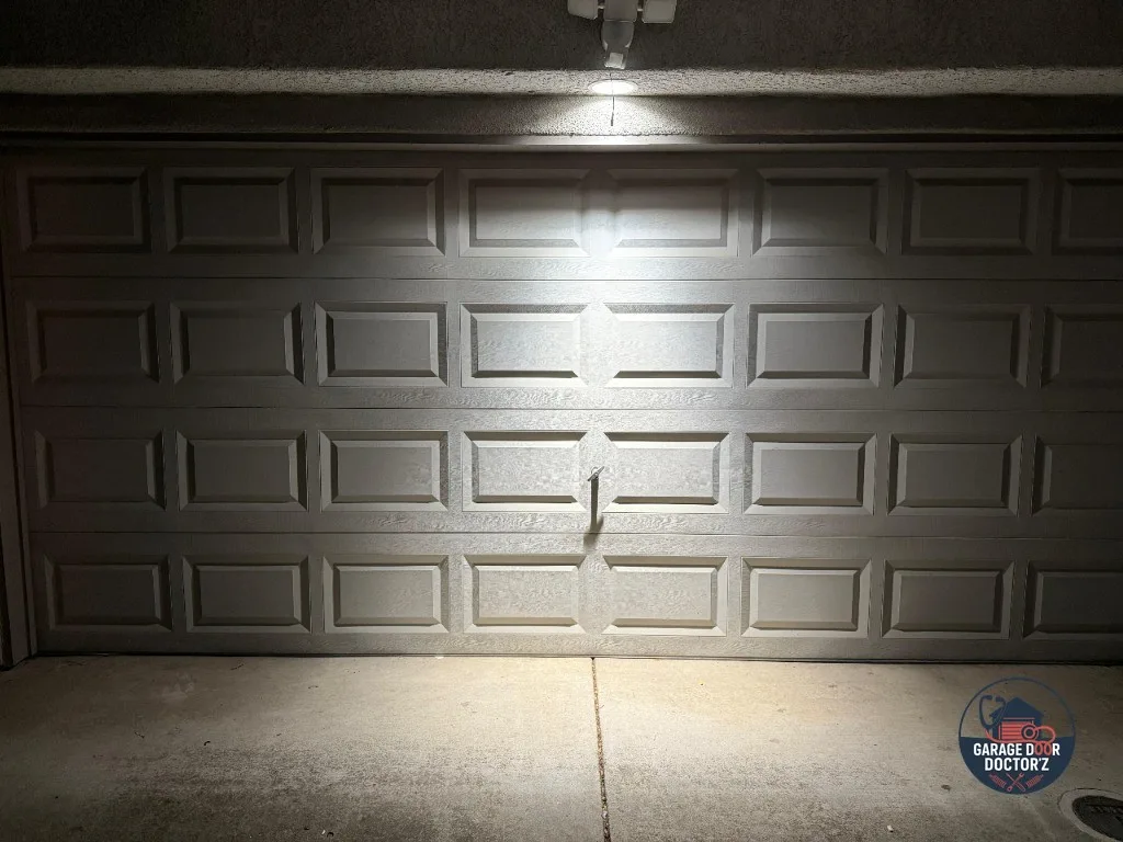 After: the derailed door back on its tracks, closed and sitting level - Garage Door Doctor'Z